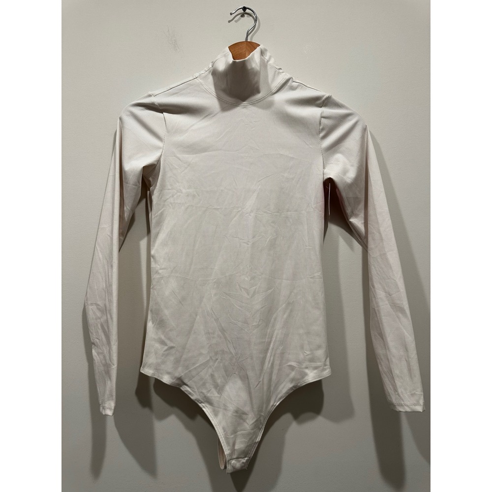 Spanx Suit Your Fancy Ribbed Turtleneck Bodysuit Parchment White Small NWT